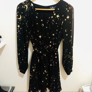 Lulus black Dress with gold star & moon details